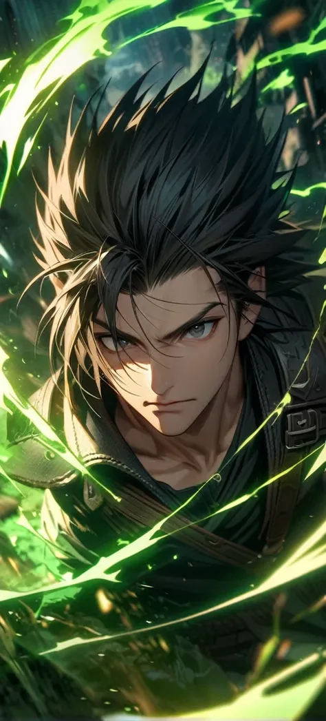 Symetrical,absurdres, highres, ultra detailed, HDR, masterpiece, extremely detailed face and eyes, zack,final fantasy 7,black hair , , solo, man, handsome, ,, , Epic fight scene,black lightning effect, glowing glitters, ,green flames effect, green aura eff...