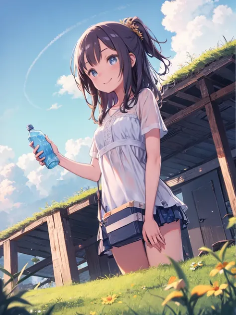 One Girl、(drink water from a water bottle)、In town、field、Medium chest、blue sky、Angle from below、Watching the audience、grassland、Midsummer、sun、smile、
