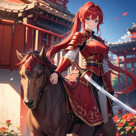 （masterpiece）、high resolution、21-year-old beauty、Red hair in a ponytail、blue eyes、female knight in red armor、An inappropriate smile、Holding a Japanese sword、With a big wolf by his side。