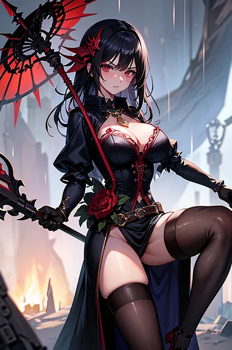 CovenSLL, Ablaze, magie, mask, NinymGP, hair ornament, best qualityer, work of art, high resolution,breasts big,look of hatred,raining in the background,holding a staff