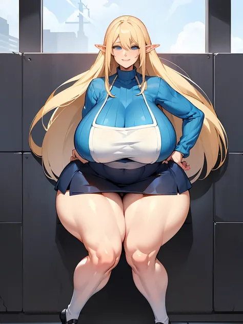 young elf girl, blue eyes, blue Pullover, black long skirt, whole body to see, smiled, excited, moans, blond long hair, (( very wide hips)), (((colossal Thighs, gigantic thighs, very huge thighs, very big thighs))), sexy pose, wet clothes