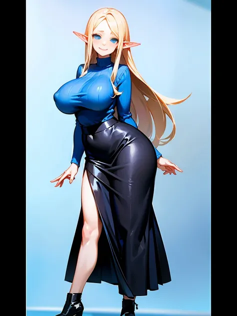 young elf girl, blue eyes, blue Pullover, black long skirt, whole body to see, smiled, excited, moans, blond long hair, sexy pose, big breasts, wide hips