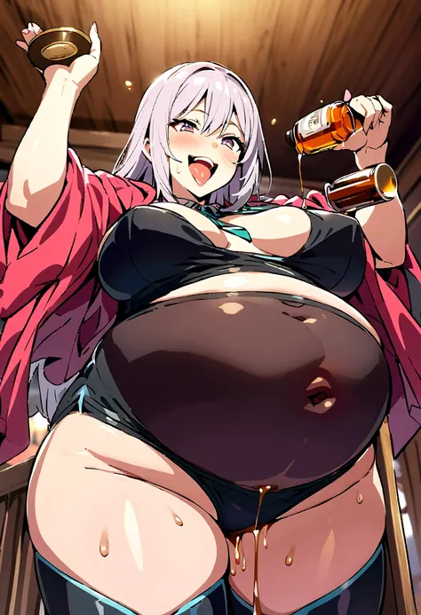 A high school girl who has consumed a lot of whiskey and meat and has a bloated belly is smiling and dripping with snot as she gets sexually excited.