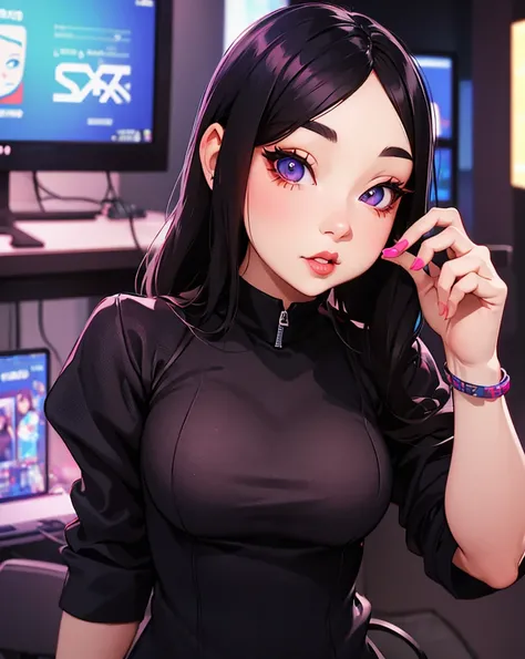 There is a woman posing for a photo in front of a computer, He nods, Hermosa Delphine, Ilya Kuvshinov con cabello largo, Streamer de Twitch, Ilya Kuvshinov. 4 thousand, ig studios anime style, Ilya Kuvshinov and Artgerm, inspired by anime, y 2 k Cutecore C...