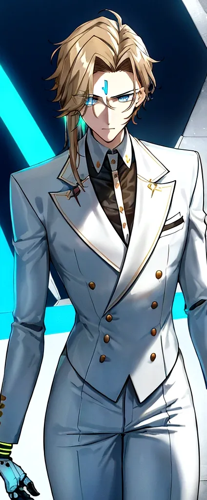 (masculine) (21 years) (a tall, slender young man with a muscular and toned body, His hair is light brown and is messy, covering his forehead., His eyes are blue and his skin is light-skinned..) (robotic body,  fitted white suit with neon light blue detail...