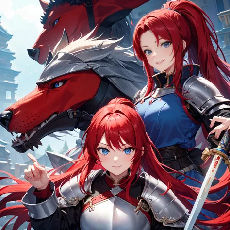 （masterpiece）、high resolution、21-year-old beauty、Red hair in a ponytail、blue eyes、female knight in red armor、An inappropriate smile、Holding a Japanese sword、Accompanied by a giant wolf。