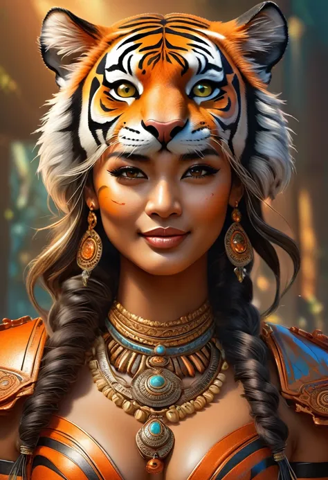 Create an realistic illustrated, hand-drawn, full-color image of an anthropomorphic tiger women. The artwork should be rendered in the style of "Breath of the Wild," featuring warm lighting and shadows. Include graphite shading, stencil marks, and airbrush...