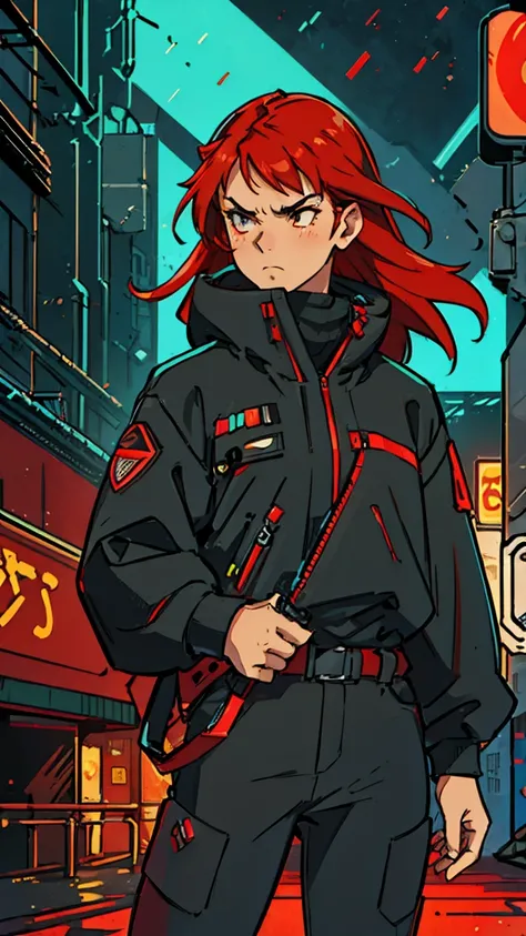 ((Best quality)) ((Detailed)) A cinematographic scene of a serious badass long red hair girl with black techwear clothes, Neon lights and buildings background
