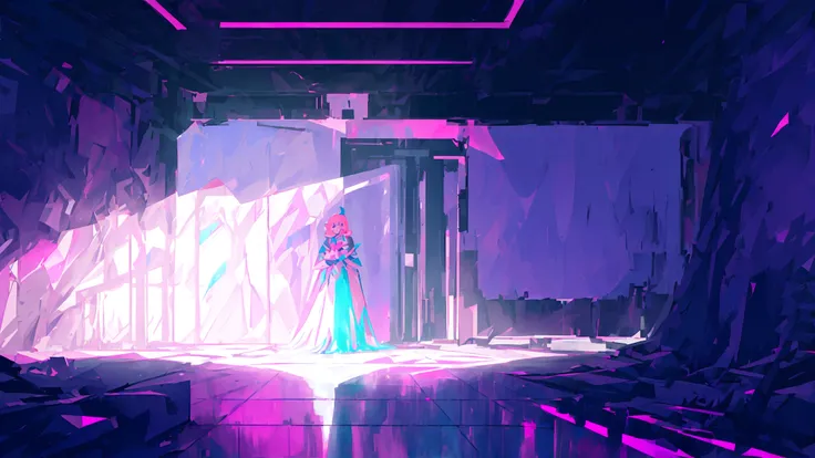 front view of a pearlescent rectangular room,dimly lit, pink and blue and purple dim neon light glow, super dark lighting