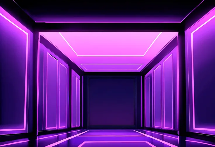 front view of a pearlescent rectangular room,dimly lit, pink and blue and purple dim neon light glow, super dark lighting