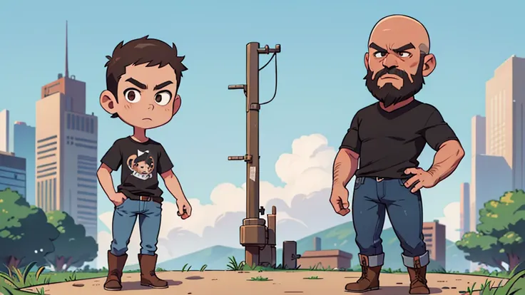 ultra hd, solo, chibi, bald man, tall lean, angular face, brown eyes, no hair on head, full black beard on face, wearing a gray t-shirt and jeans with cowboy boots standing