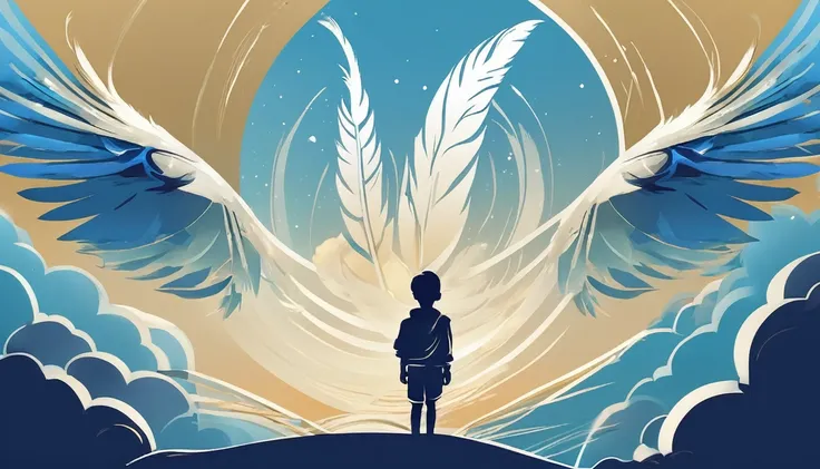 Create a minimalistic, simple, fantastic, easy to understand, logo design of a boy and a feather for an upcoming Brand called " Penamemoria". Create the logo in the center. A fantasy theme with birds and feathers as background, blue sky, white clouds. Use ...