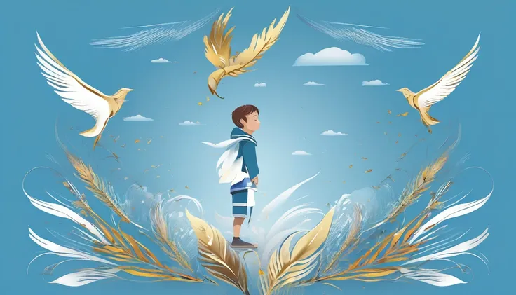 Create a minimalistic, simple, fantastic, easy to understand, logo design of a boy and a feather for an upcoming Brand called " Penamemoria". Create the logo in the center. A fantasy theme with birds and feathers as background, blue sky, white clouds. Use ...