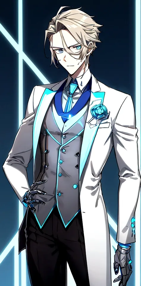 (masculine) (23 years) (a tall, slender young man with a muscular and toned body, His hair is light brown and is messy, covering his forehead., His eyes are blue and his skin is light-skinned..) (robotic body,  fitted white suit with neon light blue detail...