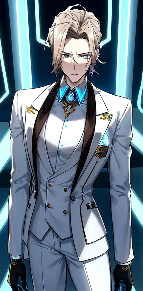 (masculine) (23 years) (a tall, slender young man with a muscular and toned body, His hair is light brown and is messy, covering his forehead., His eyes are blue and his skin is light-skinned..) (robotic body,  fitted white suit with neon light blue detail...