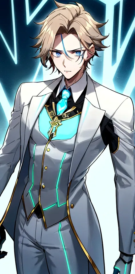 (masculine) (23 years) (a tall, slender young man with a muscular and toned body, His hair is light brown and is messy, covering his forehead., His eyes are blue and his skin is light-skinned..) (robotic body,  fitted white suit with neon light blue detail...