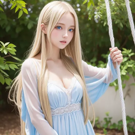 Silky glowing skin、Sexy and very beautiful and lovely and cute gorgeous face、Super long gorgeous silky blonde hair、Large, flashy pale blue eyes、Swing Bang、Beautiful and cute 17 year old girl