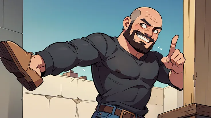 ultra hd, solo, chibi, bald man, tall lean, brown eyes, no hair on head, full black beard on face, wearing a gray t-shirt and jeans with cowboy boots standing, half smiling