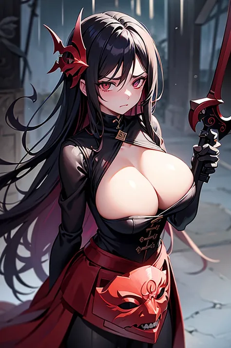 CovenSL, Ablaze, magie, mask, NinymGP, hair ornament, best qualityer, work of art, high resolution,breasts big,look of hatred,raining in the background,holding an iron sword