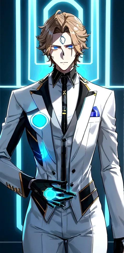 (masculine) (23 years) (a tall, slender young man with a muscular and toned body, His hair is light brown and is messy, covering his forehead., His eyes are blue and his skin is light-skinned..) (robotic body,  fitted white suit with neon light blue detail...