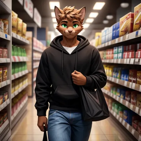 Masterpiece, best quality, high quality, 4K, One brown cat boy furry, anthro, has green eyes, wears Black hoodie with blue farmer jeans, walking in the store, shy smile, holding a store bag in one hand