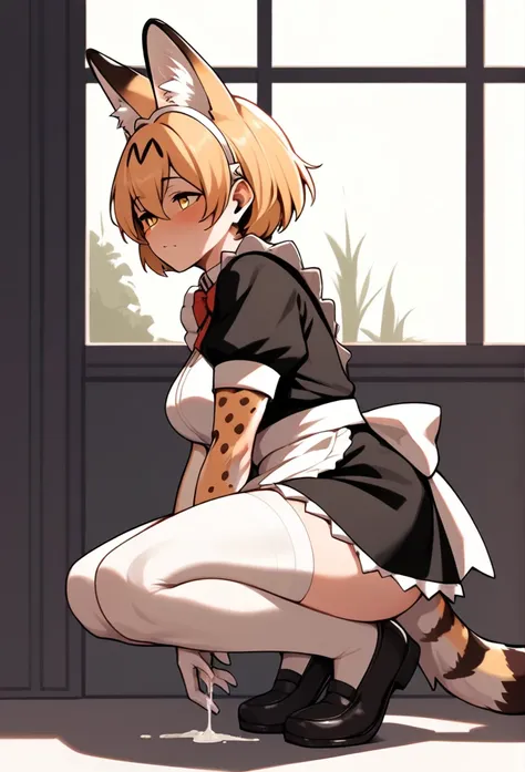 Score_9, Score_8_up, Score_7_up, Score_6_up, Score_5_up, Score_4_up, source_anime, 1girl, nsfw, maid, after sex, servalkemono, scat, serval ears, cum, squatting, cumdrip, from side