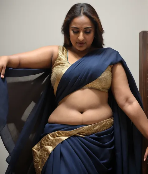 Foto RAW, photorealistic, photography, full body shot, 50 years old Woman, master shot, perfect eyes, goddess like beauty, pierced eyes, perfect thick chubby mallu Desi aunty bhabhi, Wearing a Stanapatta, a chest-band.Saree model, model Photography, Indian...