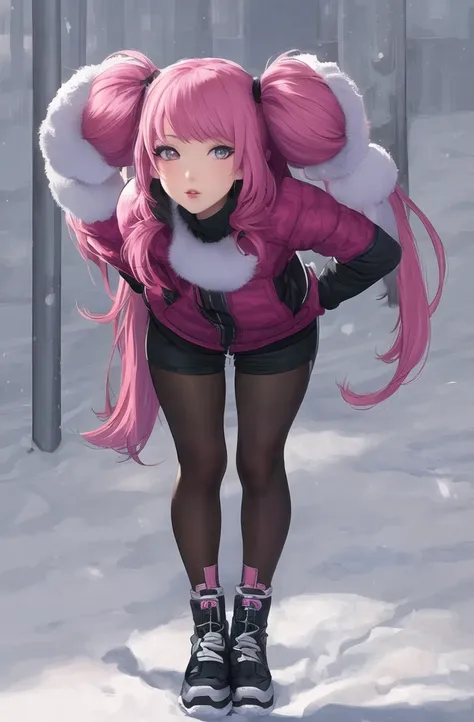 ((masterpiece)), (Highest quality), (detailed), One girl,
View your viewers,  (lipstick:0.75), Leaning forward,
Long pink hair, Twin tails,
Colorful thighs,
winter, Vibrant colors,
 