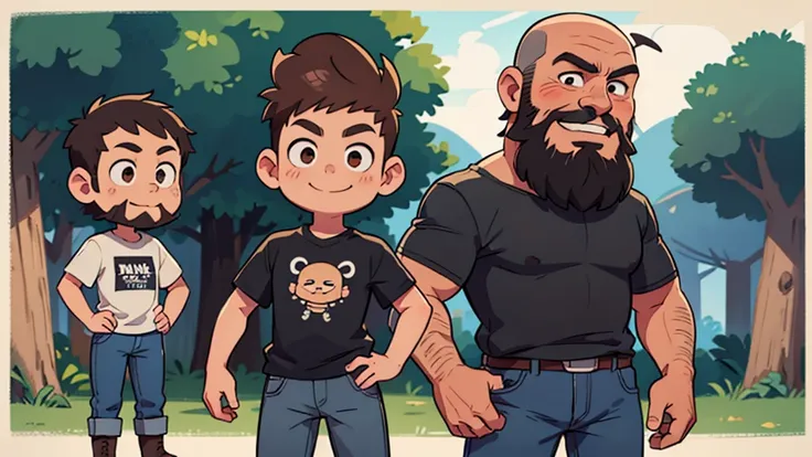 ultra hd, solo, chibi, bald man, tall lean, brown eyes, narrow face, no hair on head, full black beard, wearing a gray t-shirt and jeans with cowboy boots standing, half smiling