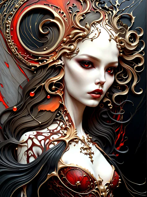 a beautiful illustration of a vampire woman made from an abstract marble texture, with colors of black, red and gold, highly detailed, intricate design, marble material, BY Anne Bachelier,