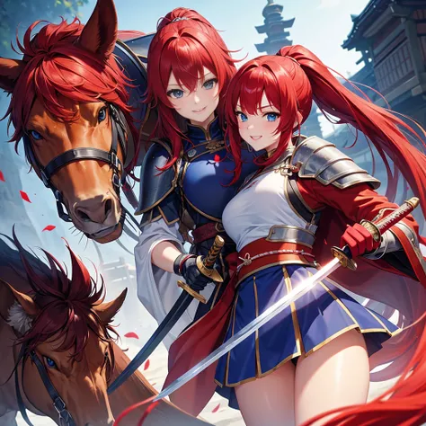 （masterpiece）、high resolution、21-year-old beauty、Red hair in a ponytail、blue eyes、female knight in red armor、An inappropriate smile、Holding a Japanese sword、With a big wolf by his side。