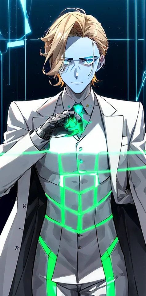 (masculine) (23 years) (a tall, slender young man with a muscular and toned body, His hair is light brown and is messy, covering his forehead., His eyes are blue and his skin is light-skinned..) (robotic body,  fitted white suit with neon light blue detail...