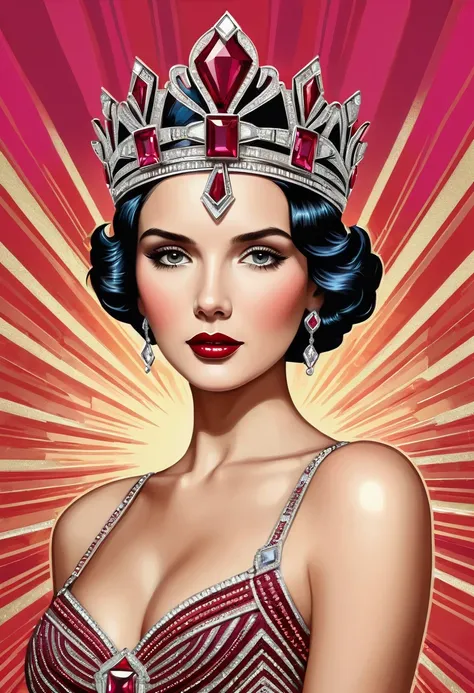 a woman with a crown decorated with art deco rubies, in pop art style, beautiful details, sharp quality
