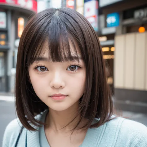 beautiful Japanese woman,double eyelid,clear skin,round face,long face,Swept bangs,in the tokyo,short by DSLR,Adoravle 18 years old,head shot,from front,long hair