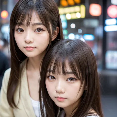 beautiful Japanese woman,double eyelid,clear skin,round face,long face,Swept bangs,in the tokyo,short by DSLR,Adoravle 18 years old,head shot,from front,long hair