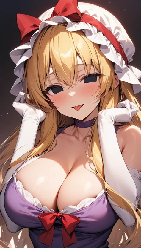 masterpiece, best quality, 1girl, solo, yakumo yukari, adult, white mob cap, blonde hair, (solid eyes), black eyes, ribbon, red bow, purple dress, cleavage, white elbow gloves, large breasts, looking at viewer, smile, licking, empty look, w arms