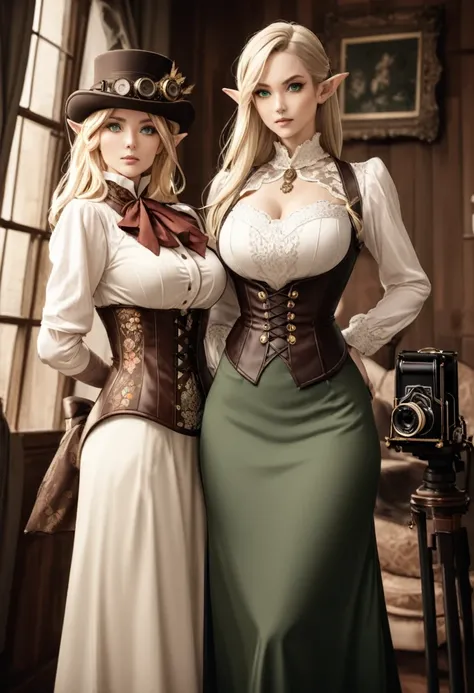 Sophisticated elf woman, steampunk, dress , in a country manor, muted colors, sephia filter, mature, well endowed bust, Victorian era, detailed eyes, well bred, refined lady in waiting, bare headed, long blond hair, emerald green eyes , long skirt, blouse,...