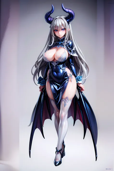 ((1 demoness))), ((blue eyes)), ((long silver hair)), large breasts, curvy hips, perfectly drawn body, seductive, white lingerie, adorned with blue roses, best quality, masterpiece, ultra-detailed