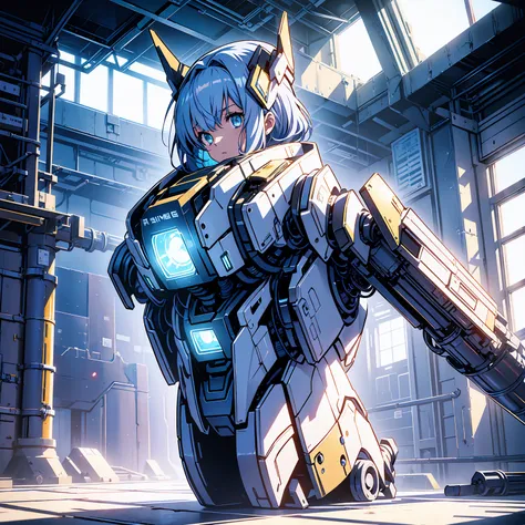 Anime characters, one teenage anime girl, silvery blue hair, bright blue star-shaped eyes, one Robot, Cape, Luminous Eyes, Rugged, Fantasy, Lights, outdated, old style, dark blue, bronze, Room with window, sitting