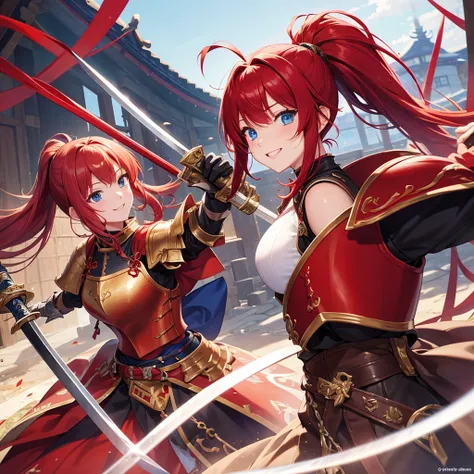 （masterpiece）、high resolution、21-year-old beauty female knight in red armor、Red hair in a ponytail、blue eyes、An inappropriate smile、Holding a Japanese sword、With a big wolf by his side。