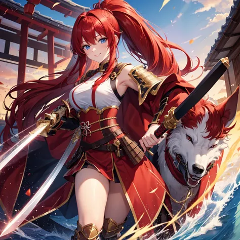 （masterpiece）、high resolution、21-year-old beauty female knight in red armor、Red hair in a ponytail、blue eyes、An inappropriate smile、Holding a Japanese sword、With a big wolf by his side。