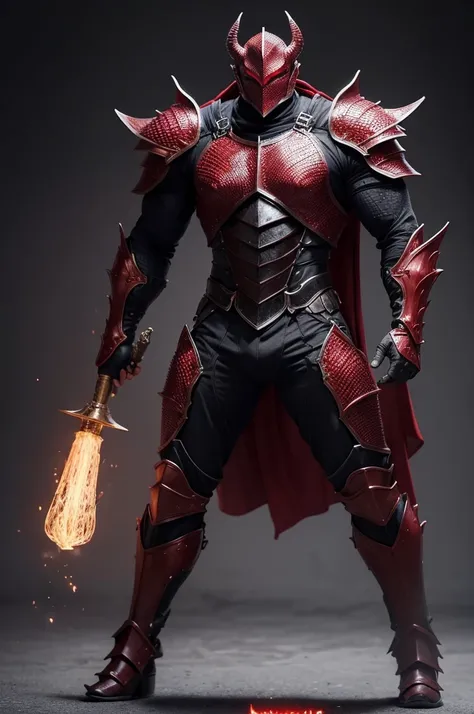 man in black armor with red dragon scales, tall and muscular 