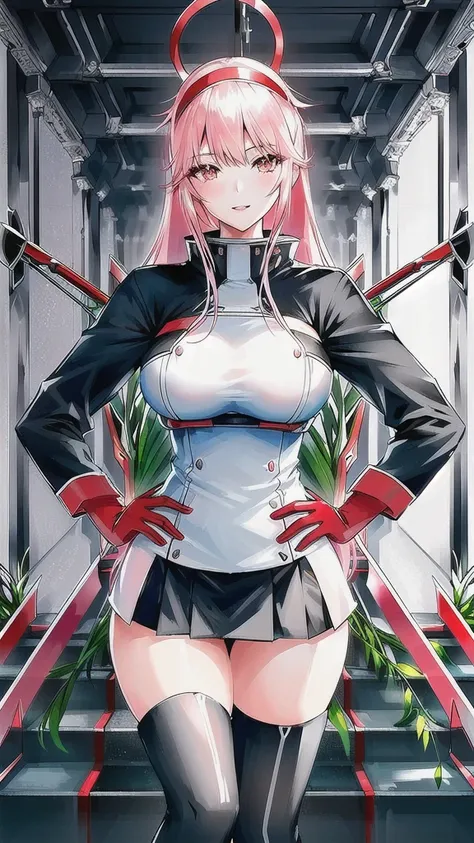 (zero_two_001:1.4), thicc school 1girl wearing thighhighs pleated skirt, (an archer:1.5), gorgeous features, clear face, symmetrical face, beautiful face, rendered eyes, detailed eyes, beautiful hair, smile, long legs, [thick|slender] bare thighs, thigh ga...