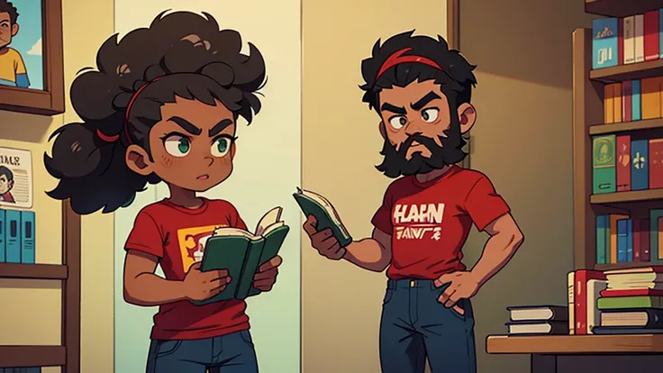 ultra hd, man with a black afro hair style, rectangular face with a strong brow, full lips, full beard, green eyes, mocha skin tone, wearing a red t shirt and jeans with sneakers, standing holding a book in his hand