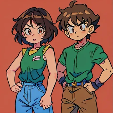 on the left a beautiful anime girl with brown curly hair and brown eyes wearing dragon ball style akira toriyama shocked looking face, on the right a boy with brown male short hair neutral clothes without background 