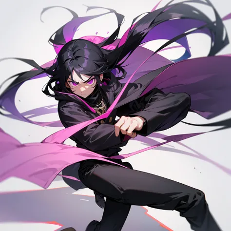 male boku no hero animation, with long black hair and the tips dyed pink, purple eyes, Wear black hooded jacket with a white scarf, black pants and brown boots, rings and necklace, serious and cold personality but surprised, fighting stance using his shado...