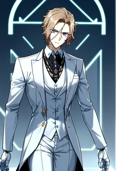 (masculine) (23 years) (a tall, slender young man with a muscular and toned body, His hair is light brown and is messy, covering his forehead., His eyes are blue and his skin is light-skinned..) (robotic body,  fitted white suit with neon light blue detail...