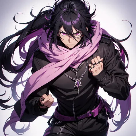 male boku no hero animation, with long black hair and the tips dyed pink, purple eyes, Wear black hooded jacket with a white scarf, black pants and brown boots, rings and necklace, serious and cold personality but surprised, fighting stance using his shado...