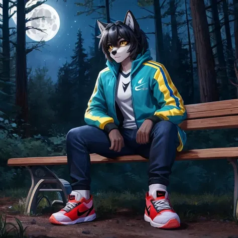 Masterpiece, best quality, high quality, 4K, One black wolf girl, has Yellow eyes, wears Blue jacket with sport jeans, wears Nike shoes on his legs, has medium boobs, sitting on a bench, in the forest, Night, Full Moon and stars in the sky