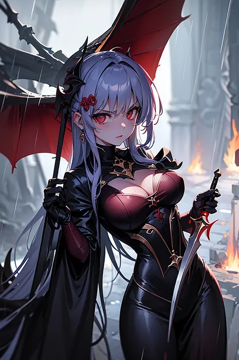 CovenSL, Ablaze, magie, mask, NinymGP, hair ornament, best qualityer, work of art, high resolution,breasts big,look of hatred,raining in the background,holding an iron sword,on top of a Dragon 